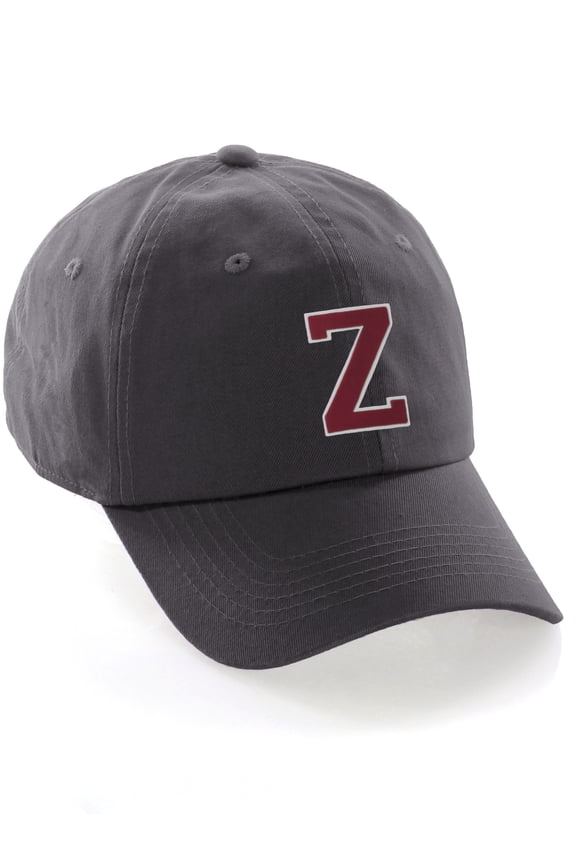 Customized Letter Intial Baseball Hat A to Z Team Colors, Charcoal Cap White Red Letter Z