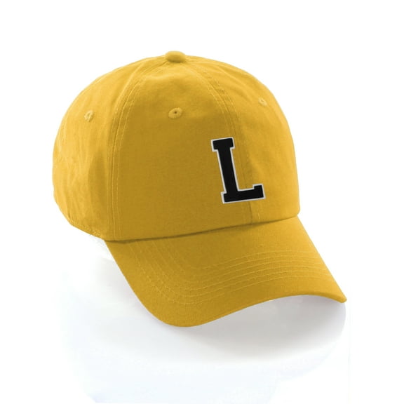 Customized Letter Intial Baseball Hat A to Z Team Colors, Gold Cap White Black