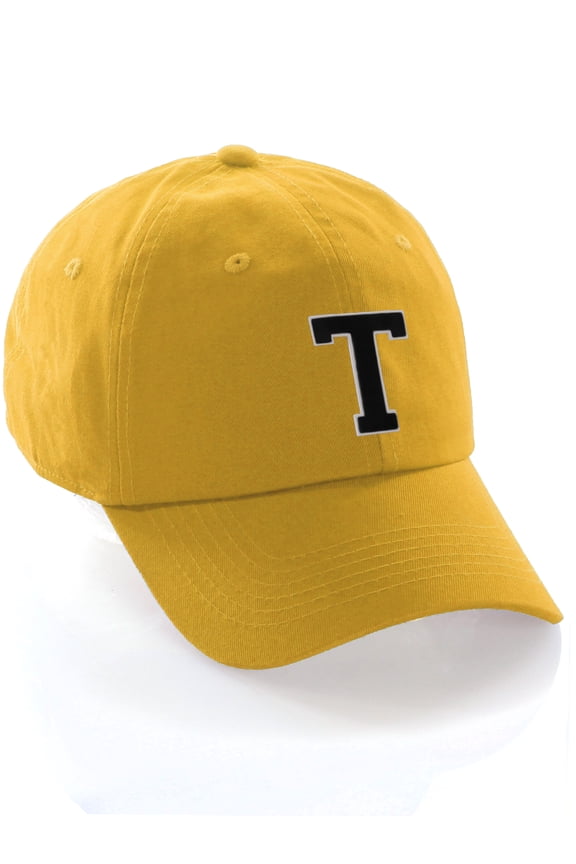 Customized Letter Intial Baseball Hat A to Z Team Colors, Gold Cap White Black