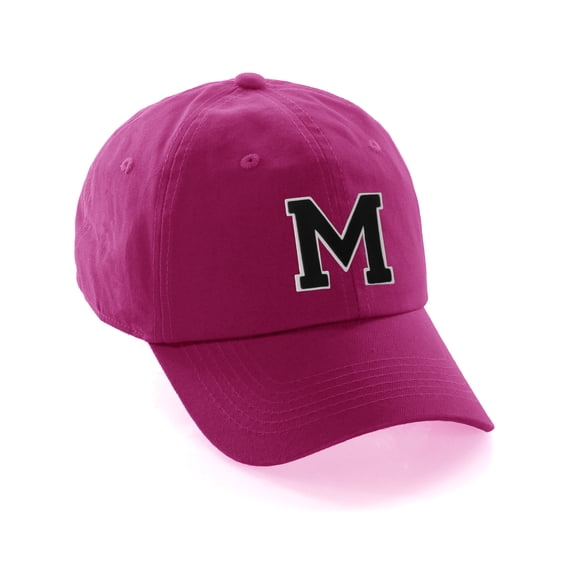 Customized Letter Intial Baseball Hat A to Z Team Colors, Hot Pink Hat Wh Blck Letter M