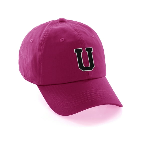 Customized Letter Intial Baseball Hat A to Z Team Colors, Hot Pink Hat Wh Blck Letter U