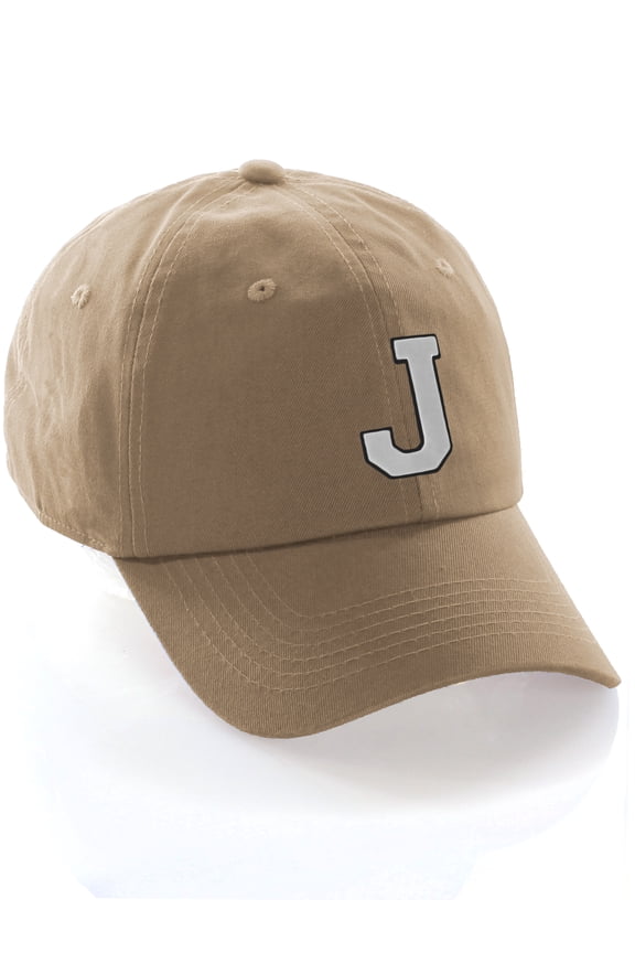 Customized Letter Intial Baseball Hat A to Z Team Colors, Khaki Cap Black White Letter J