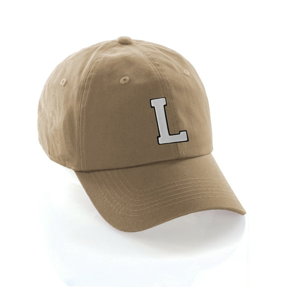 Customized Letter Intial Baseball Hat A to Z Team Colors, Khaki Cap Black White Letter L