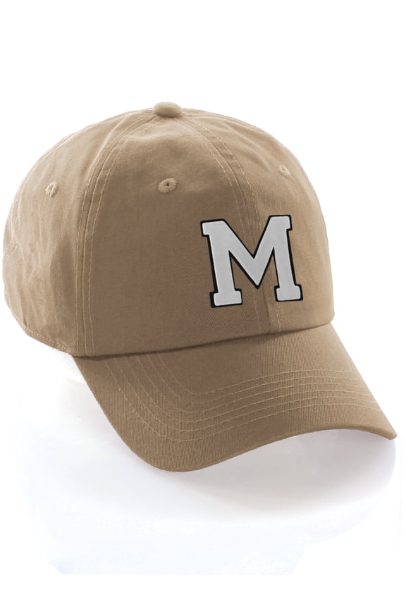 Customized Letter Intial Baseball Hat A to Z Team Colors, Khaki Cap Black White Letter M