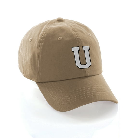 Customized Letter Intial Baseball Hat A to Z Team Colors, Khaki Cap Black White Letter U
