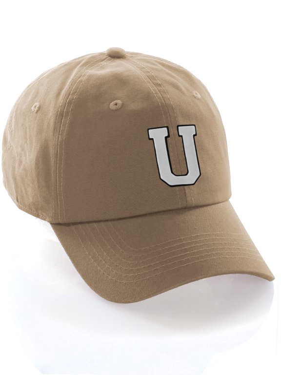 Customized Letter Intial Baseball Hat A to Z Team Colors, Khaki Cap Black White Letter U