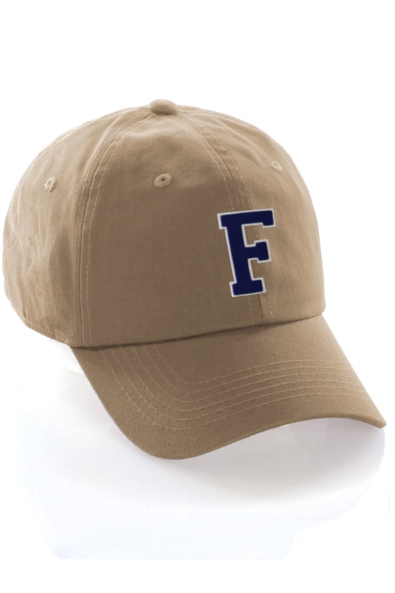 Customized Letter Intial Baseball Hat A to Z Team Colors, Khaki Cap White Navy Letter F