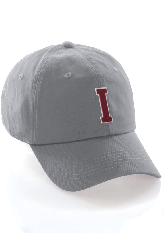 Customized Letter Intial Baseball Hat A to Z Team Colors, Light Grey White Red Letter I