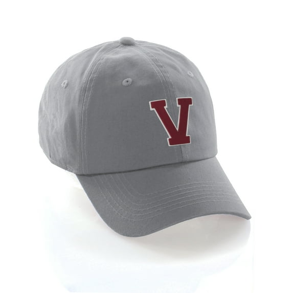 Customized Letter Intial Baseball Hat A to Z Team Colors, Light Grey White Red Letter V