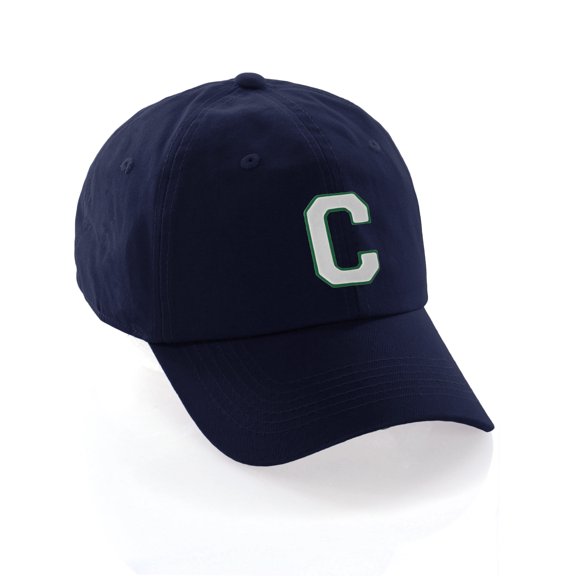 Customized Letter Intial Baseball Hat A to Z Team Colors, Navy Cap Green White Letter C