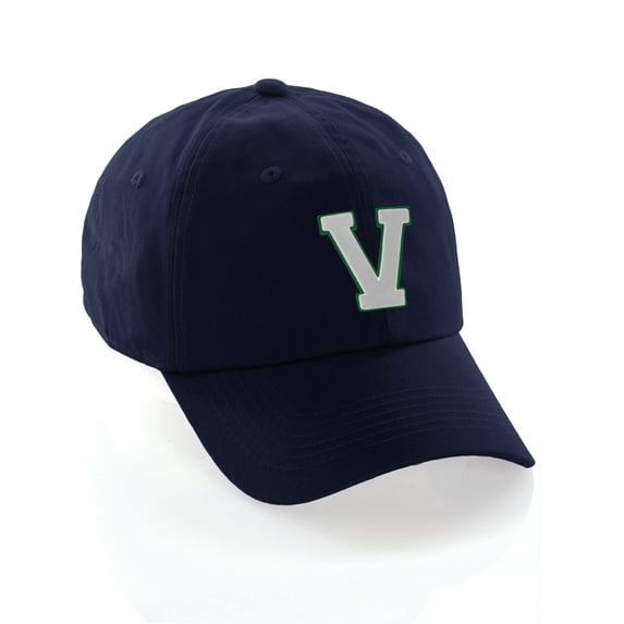 Customized Letter Intial Baseball Hat A to Z Team Colors, Navy Cap Green White Letter V