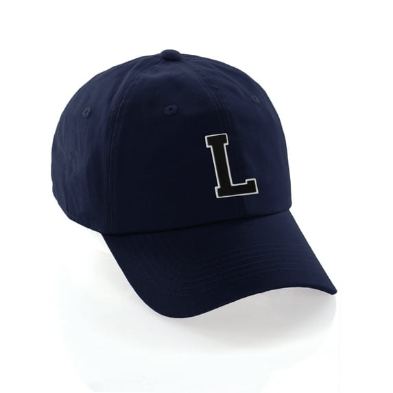 Customized Letter Intial Baseball Hat A to Z Team Colors, Navy Cap White Black Letter L