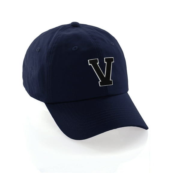 Customized Letter Intial Baseball Hat A to Z Team Colors, Navy Cap White Black Letter V