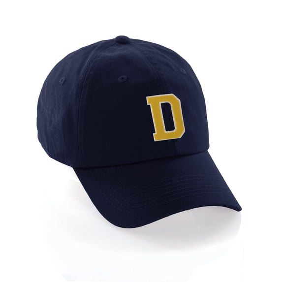 Customized Letter Intial Baseball Hat A to Z Team Colors, Navy Cap White Gold Letter D