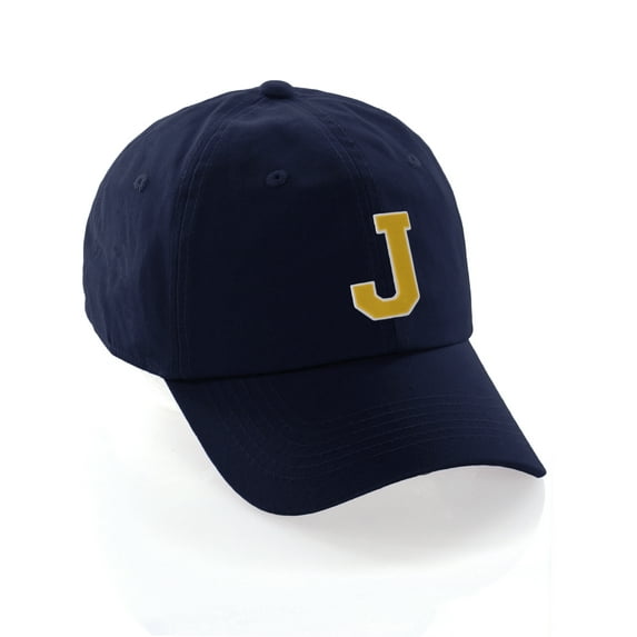 Customized Letter Intial Baseball Hat A to Z Team Colors, Navy Cap White Gold Letter J