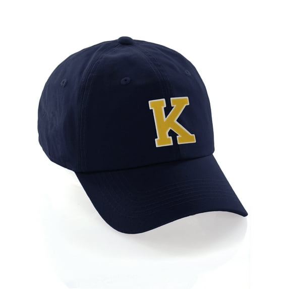 Customized Letter Intial Baseball Hat A to Z Team Colors, Navy Cap White Gold Letter K