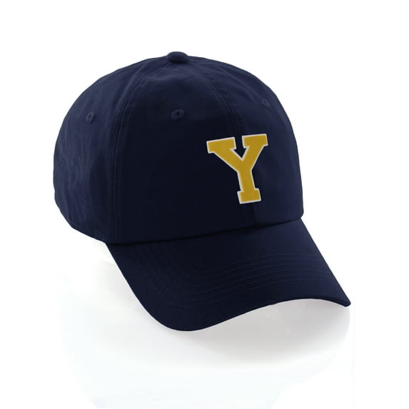Customized Letter Intial Baseball Hat A to Z Team Colors, Navy Cap White Gold Letter Y