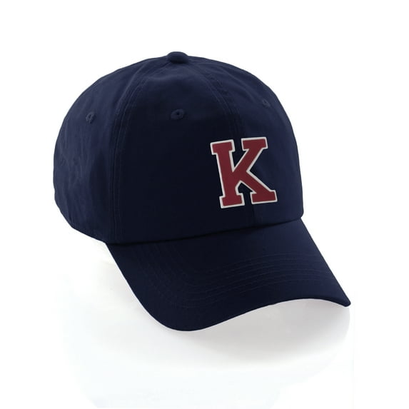 Customized Letter Intial Baseball Hat A to Z Team Colors, Navy Cap White Red Letter K