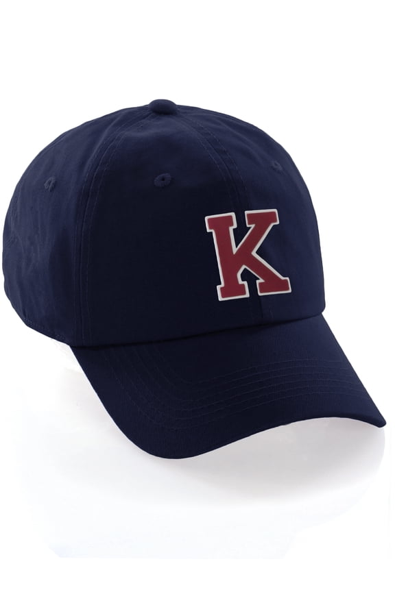 Customized Letter Intial Baseball Hat A to Z Team Colors, Navy Cap White Red Letter K