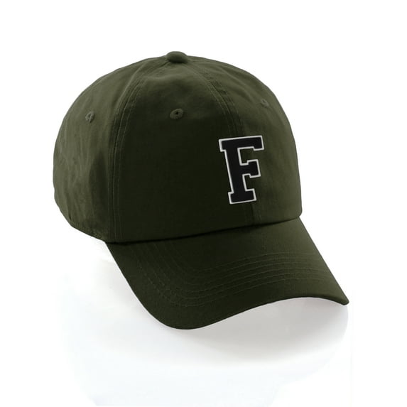 Customized Letter Intial Baseball Hat A to Z Team Colors, Olive Cap White Black Letter F