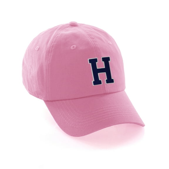 Customized Letter Intial Baseball Hat A to Z Team Colors, Pink Cap White Navy Letter H