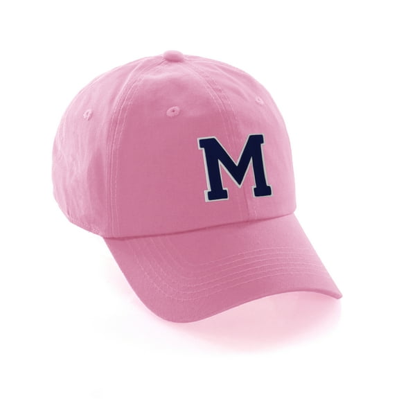 Customized Letter Intial Baseball Hat A to Z Team Colors, Pink Cap White Navy Letter M