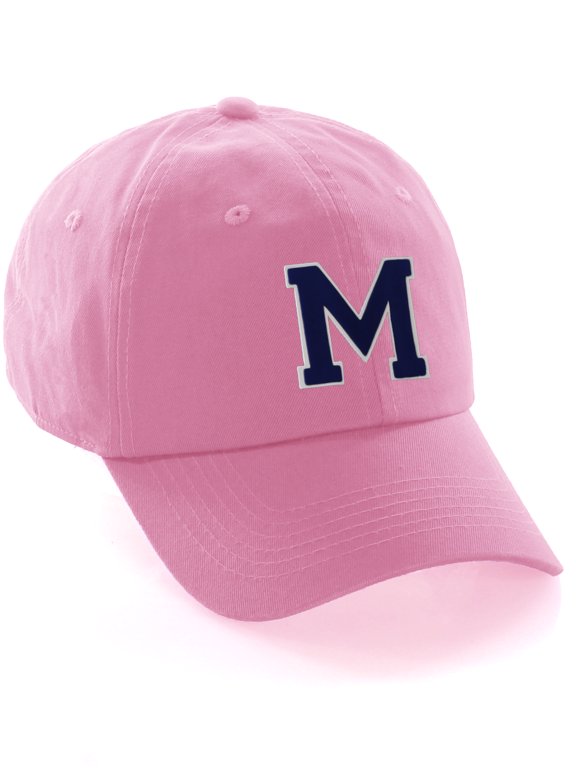 Customized Letter Intial Baseball Hat A to Z Team Colors, Pink Cap White Navy Letter M