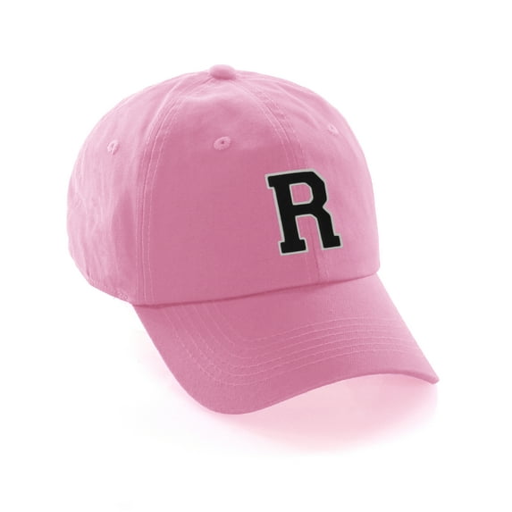Customized Letter Intial Baseball Hat A to Z Team Colors, Pink Cap White Navy Letter R