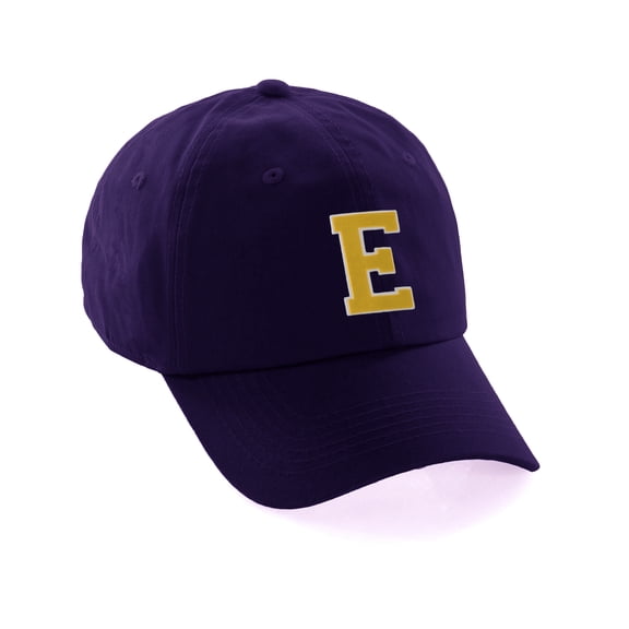 Customized Letter Intial Baseball Hat A to Z Team Colors, Purple Cap White Gold Letter E