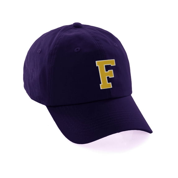 Customized Letter Intial Baseball Hat A to Z Team Colors, Purple Cap White Gold Letter F