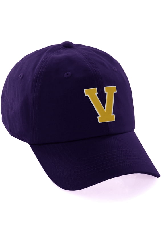 Customized Letter Intial Baseball Hat A to Z Team Colors, Purple Cap White Gold Letter V