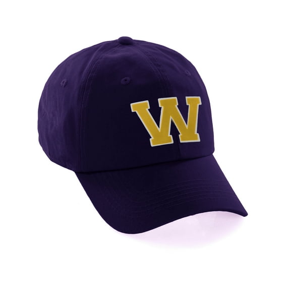 Customized Letter Intial Baseball Hat A to Z Team Colors, Purple Cap White Gold Letter W