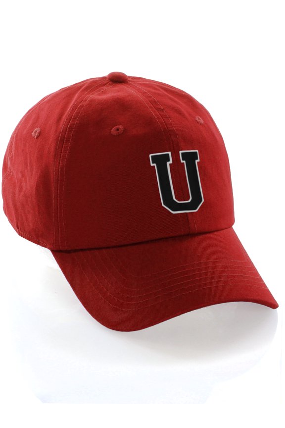 Customized Letter Intial Baseball Hat A to Z Team Colors, Red Cap White Black Letter U