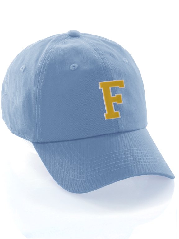 Customized Letter Intial Baseball Hat A to Z Team Colors, Sky Cap White Gold Letter F