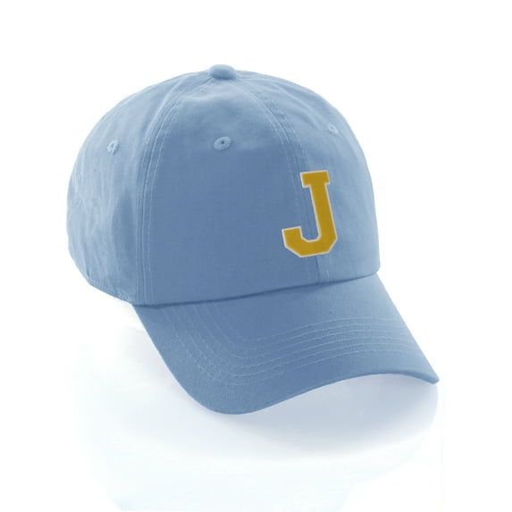Customized Letter Intial Baseball Hat A to Z Team Colors, Sky Cap White Gold Letter J