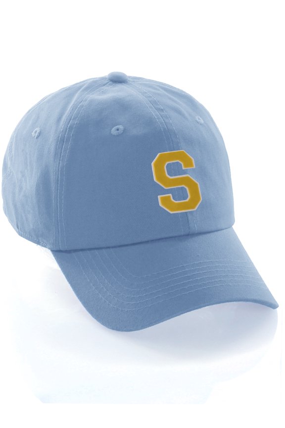 Customized Letter Intial Baseball Hat A to Z Team Colors, Sky Cap White Gold Letter S