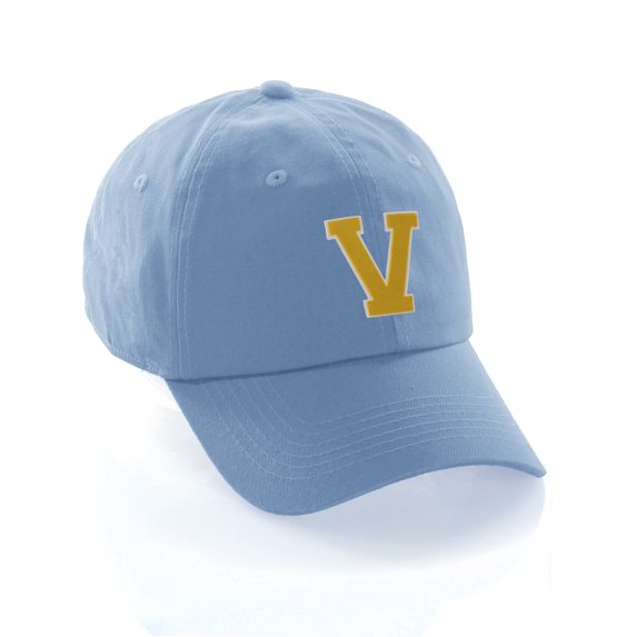 Customized Letter Intial Baseball Hat A to Z Team Colors, Sky Cap White Gold Letter V