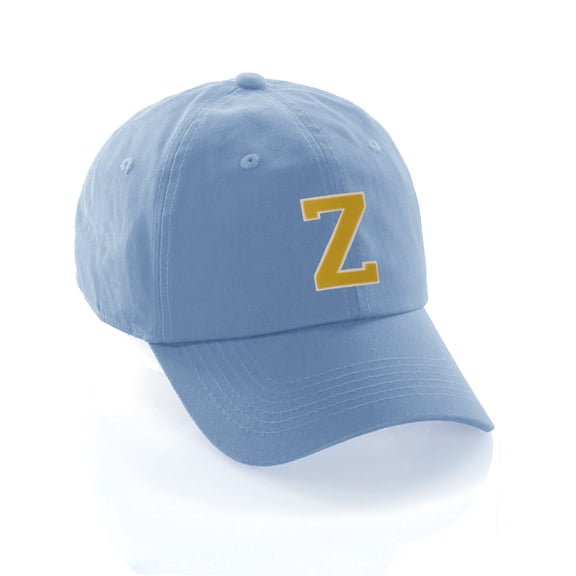 Customized Letter Intial Baseball Hat A to Z Team Colors, Sky Cap White Gold Letter Z