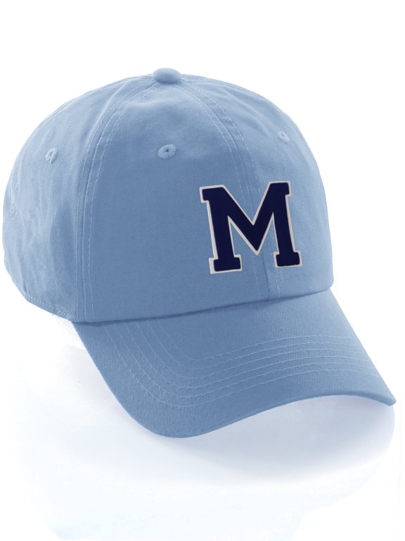 Customized Letter Intial Baseball Hat A to Z Team Colors, Sky Cap White Navy Letter M