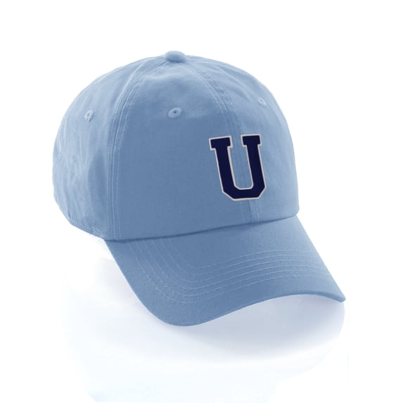 Customized Letter Intial Baseball Hat A to Z Team Colors, Sky Cap White Navy Letter U