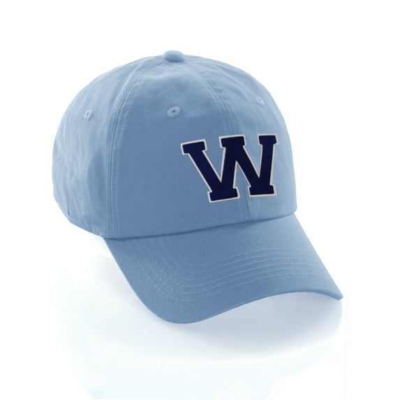 Customized Letter Intial Baseball Hat A to Z Team Colors, Sky Cap White Navy Letter W