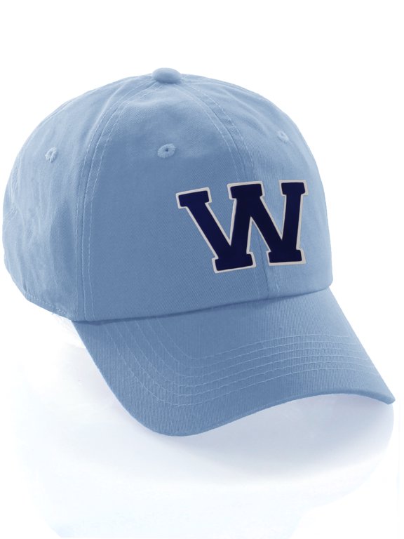 Customized Letter Intial Baseball Hat A to Z Team Colors, Sky Cap White Navy Letter W