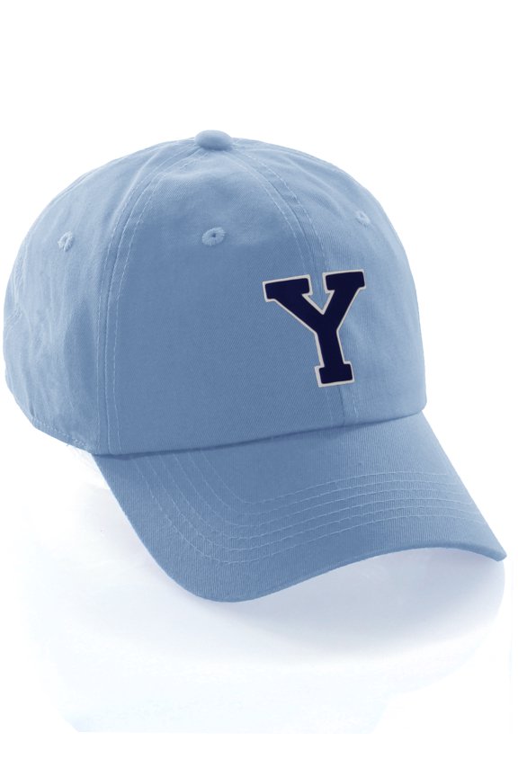 Customized Letter Intial Baseball Hat A to Z Team Colors, Sky Cap White Navy Letter Y