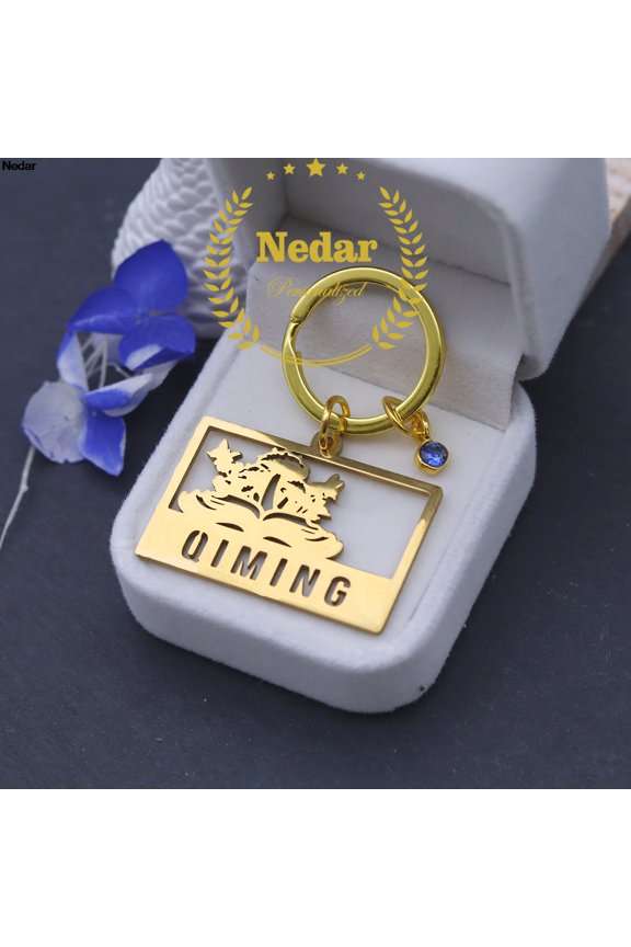 Customized Library Nameplate Stainless Steel Butterfly with Book Key Chain Custom Name Frog Animal Birthstone Keyring Gift