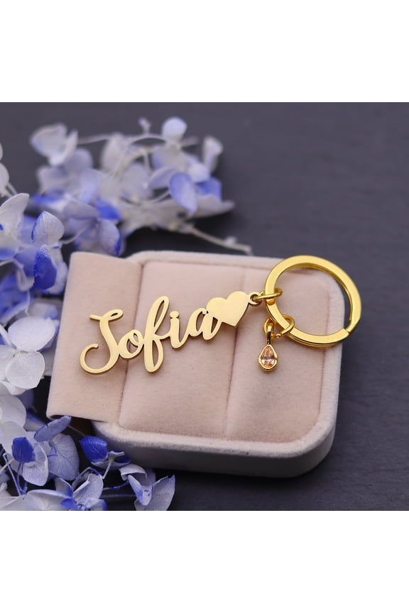 Customized Love Heart Birthstone Keychain Custom Number Name Stainless Steel Nameplate Keyring Ornaments Valentine's Day Gifts