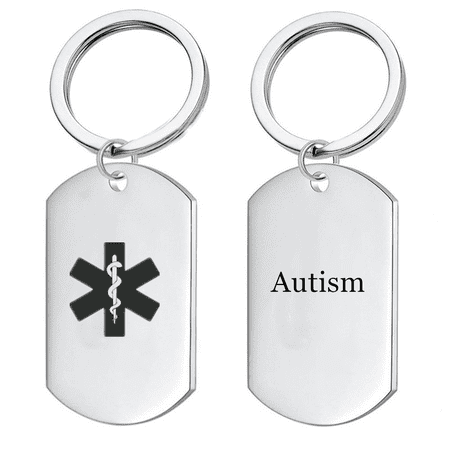 Customized Medical Alert ID Autism Awareness Keychain Personalized Medic Alarm Namplate Keyring Tag Disease Allergy Identification Reminder for Men Women,with Aid Bag