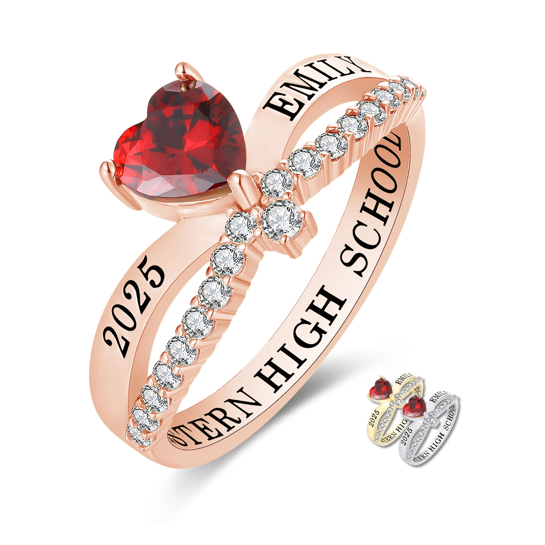 Mementos USA Custom Class Rings  Sterling Silver for Women High School & College-Rose Gold-Heartbeat