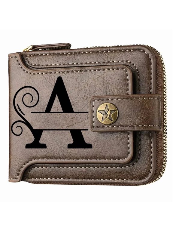 Customized Men's Name Wallet Gift - Fashionable Brown Faux Leather Wallet, With Engraved Design, Snap Closure, Zipper Card Holde