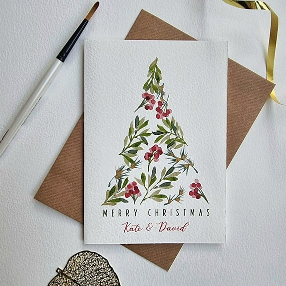 Customized Merry Christmas Card with Floral Tree Design – Perfect Holiday Greeting for Family and Friends, Personalizable with Names – Envelope Included
