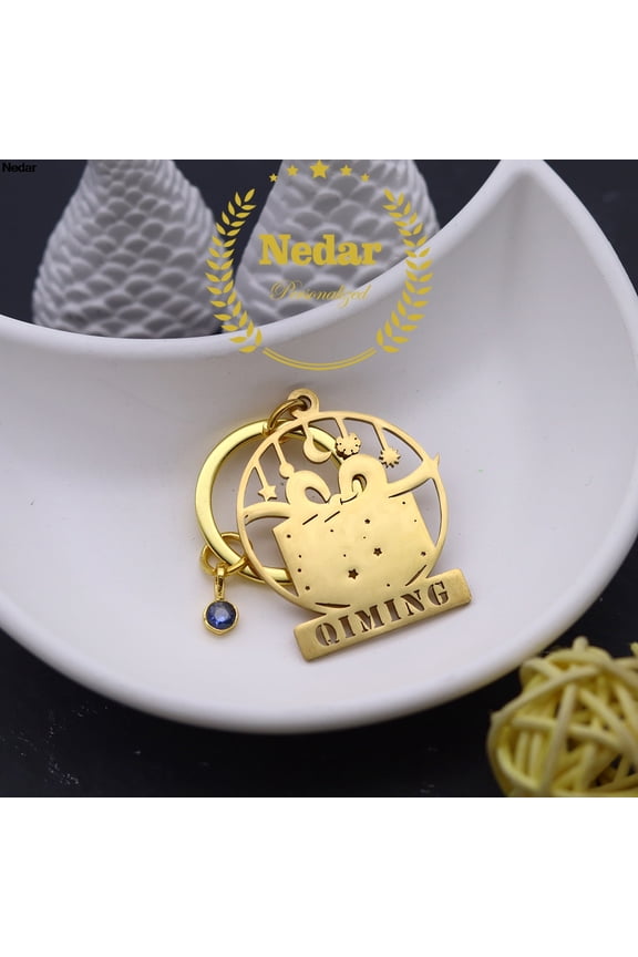 Customized Moon Star Sun Keychain Custom Name Christmas Snowflake Gift Box Stainless Steel Birthstone Keyring Xmas Gift